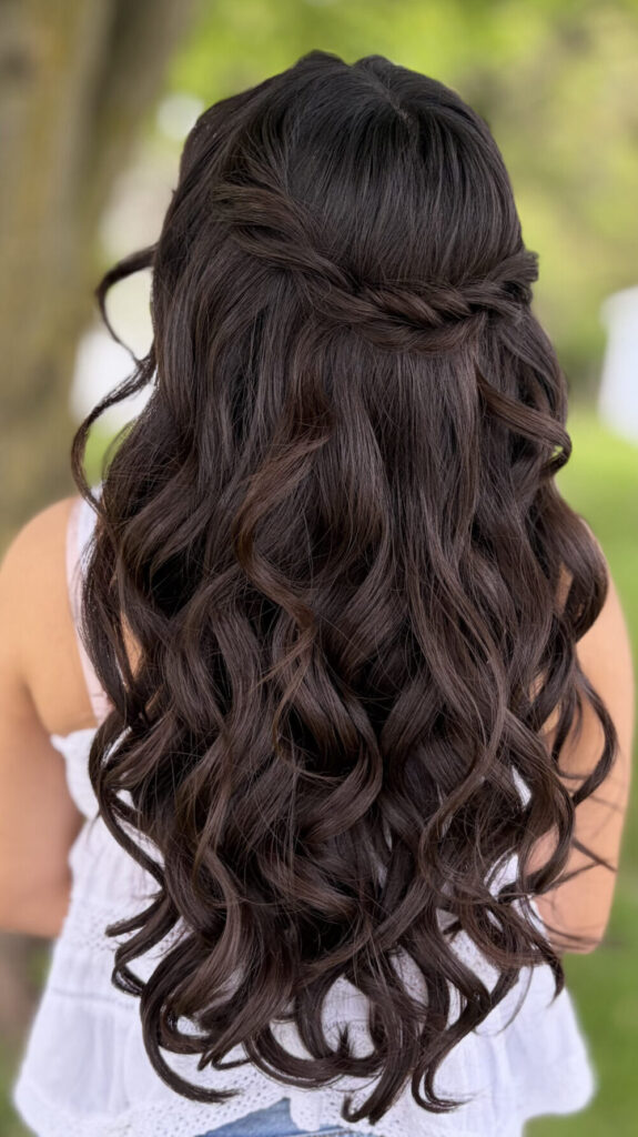 Bridal model with a long black half-up half-down curly style. Hair is shiny and glowy with loose curls, and a waterfall braid. Styled by Jaya Ronquillo at the Belleza Styles studio in Ann Arbor Michigan. 